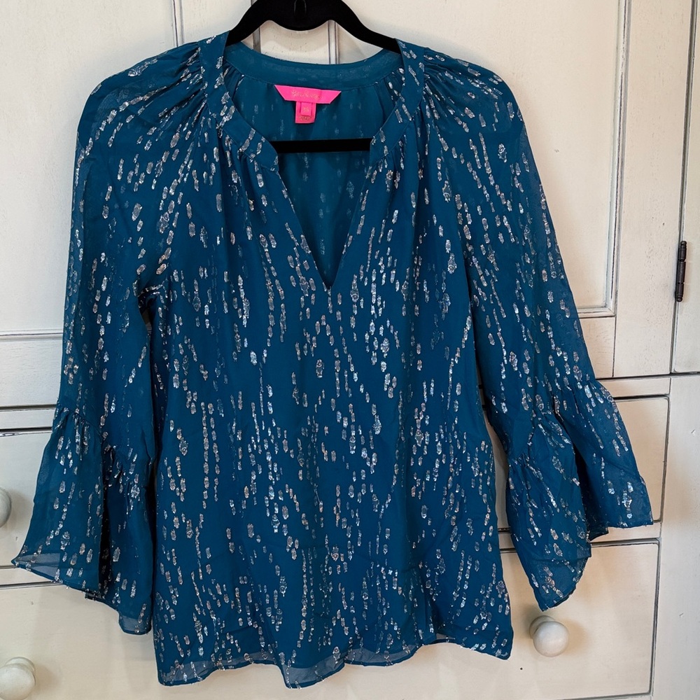 Lilly Pulitzer Teal Metallic Dot V-Neck Blouse